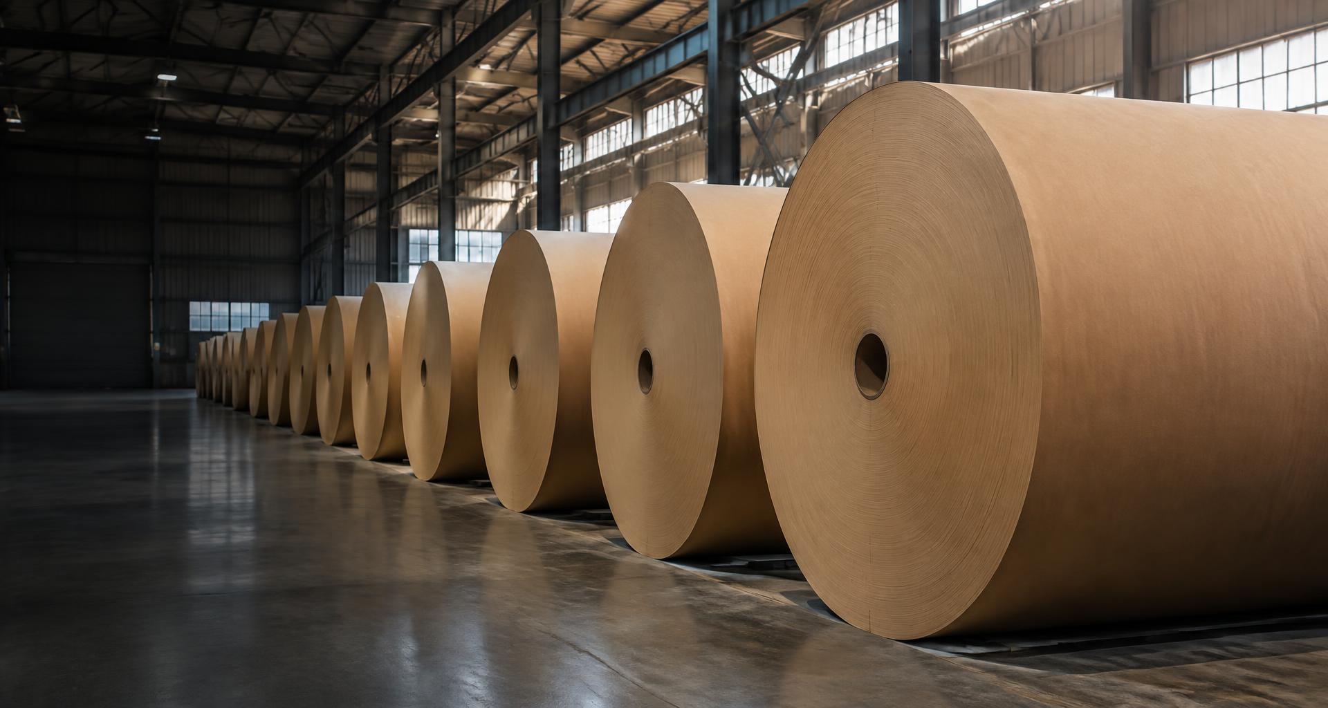 Large kraft paper rolls in an illustrative industrial warehouse